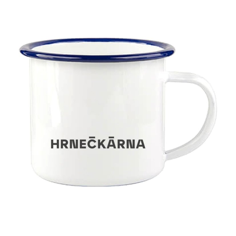 Plechový hrnek, modrý lem, vlastní grafika