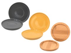 Makronka, žlutá, keramický designový hrnek s bambusovým podtáckem