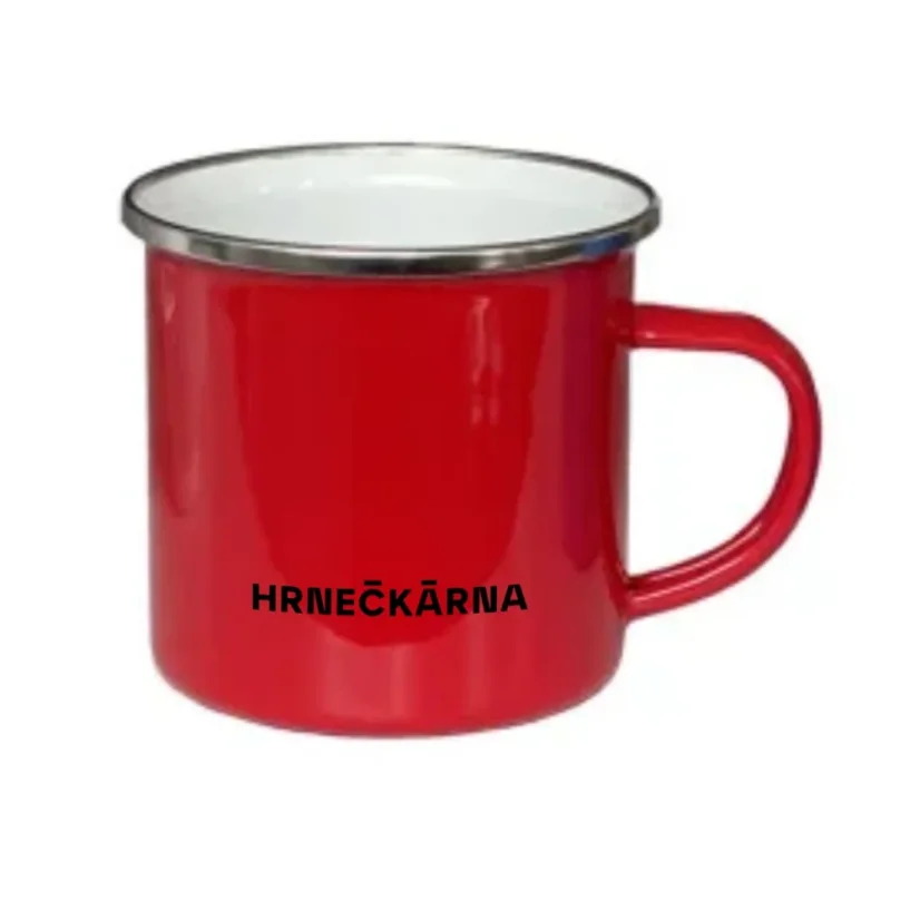Plechový hrnek červený, stříbrný lem, vlastní grafika