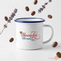 Plechový hrnek s grafikou, 360ml, modrý lem – motiv Slovácky hrnek