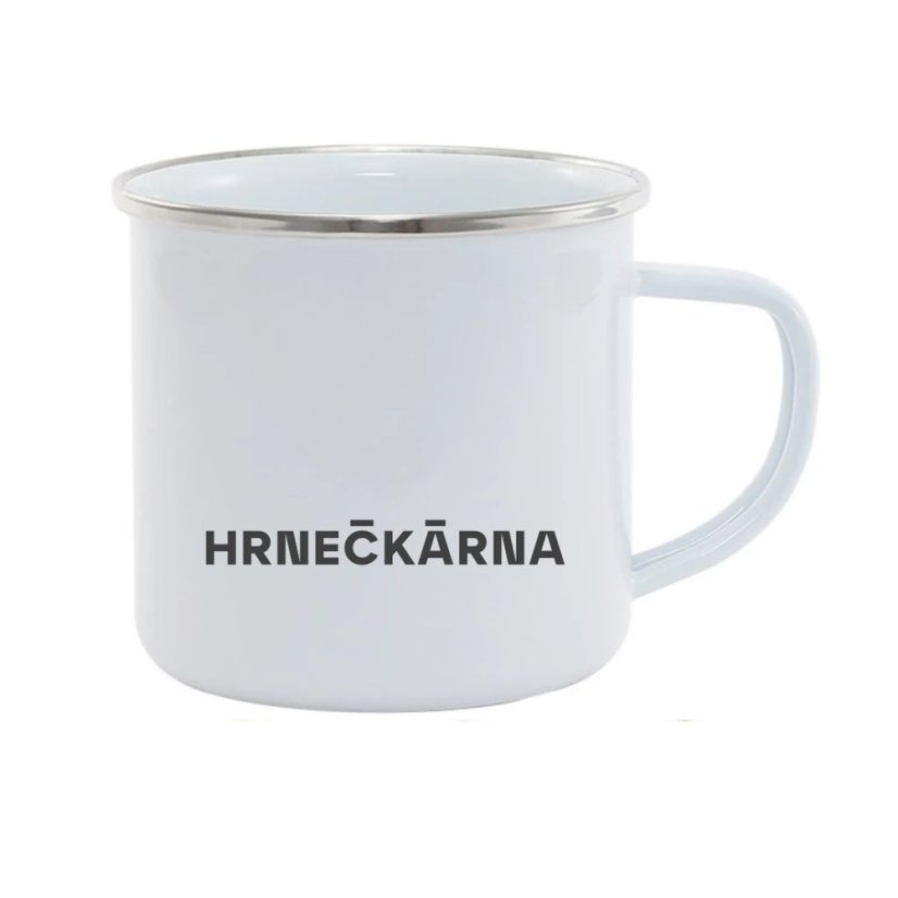 Plechový hrnek, stříbrný lem, vlastní grafika