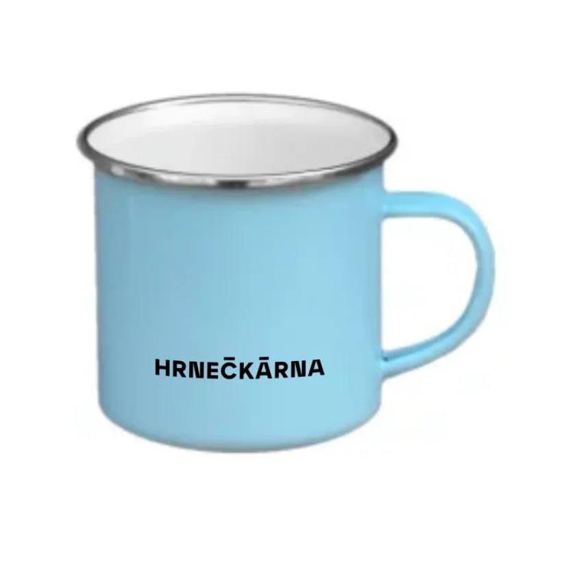 Plechový hrnek sv. modrý, stříbrný lem, vlastní grafika