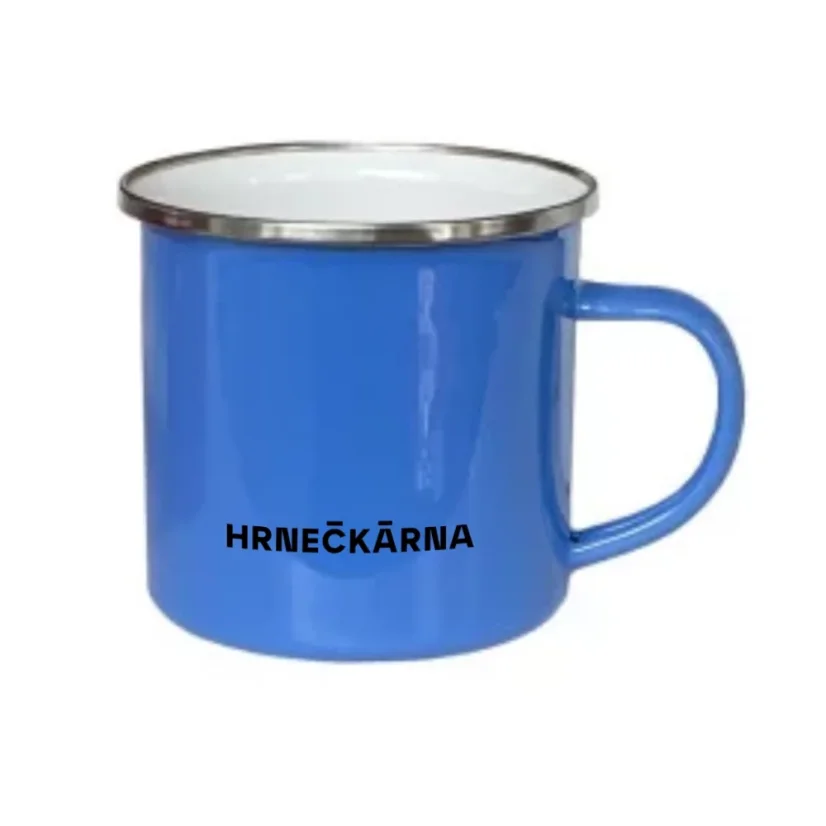 Plechový hrnek modrý, stříbrný lem, vlastní grafika