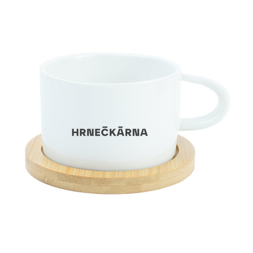 Makronka, bílá, keramický designový hrnek s bambusovým podtáckem