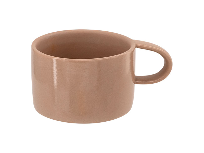 Makronka, hnědá, keramický designový hrnek s bambusovým podtáckem