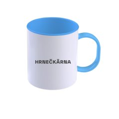 Plastový bílý hrnek s modrým uchem, vlastní grafika