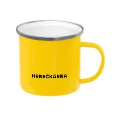 Plechový hrnek žlutý, stříbrný lem, vlastní grafika