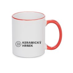 Keramický bílý hrnek 330ml, červené ouško, vlastní grafika