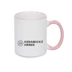 Keramický bílý hrnek 330ml, růžové ouško, vlastní grafika