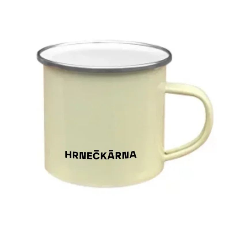 Plechový hrnek vanilkový, stříbrný lem, vlastní grafika Plechový hrnek vanilkový, stříbrný lem, vlastní grafika