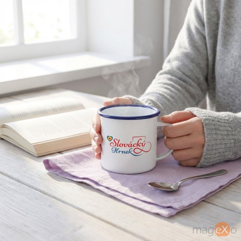 Plechový hrnek s grafikou, modrý lem – Slovácky hrnek
