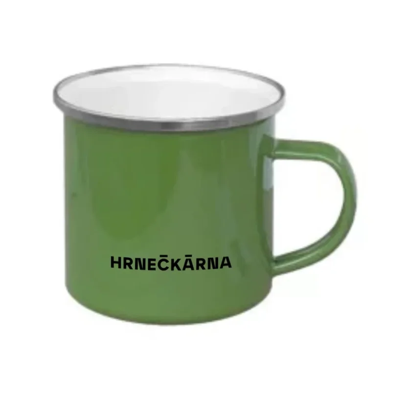 Plechový hrnek zelený, stříbrný lem, vlastní grafika