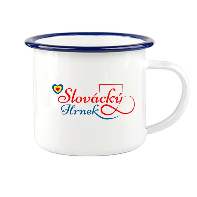 Plechový hrnek s grafikou, 360ml, modrý lem – motiv Slovácky hrnek