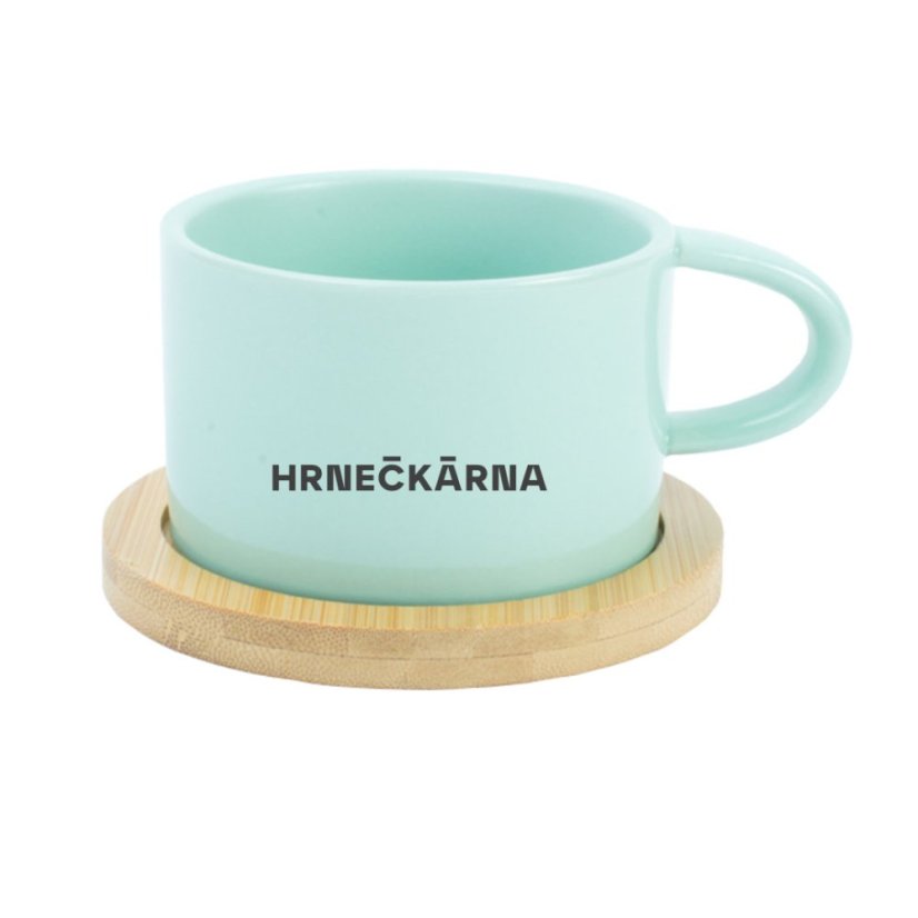 Makronka, zelená, keramický designový hrnek s bambusovým podtáckem