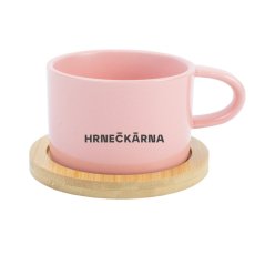 Makronka, růžová, keramický designový hrnek s bambusovým podtáckem