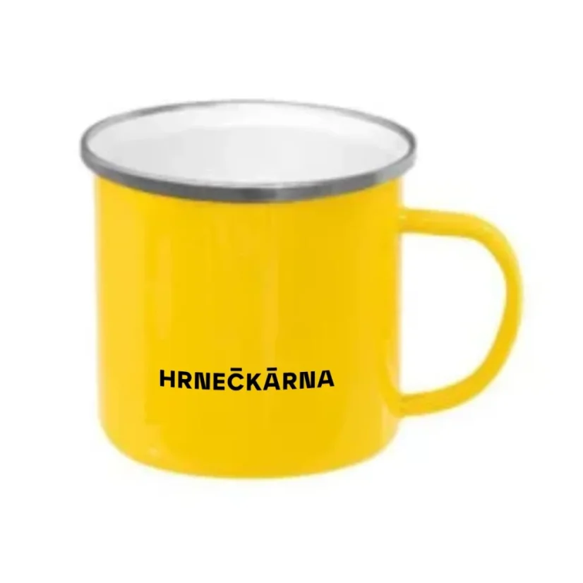 Plechový hrnek žlutý, stříbrný lem, vlastní grafika