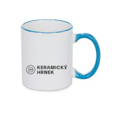 Keramický bílý hrnek 330ml, světlé modré ouško, vlastní grafika