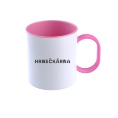 Plastový bílý hrnek s růžovým uchem, vlastní grafika