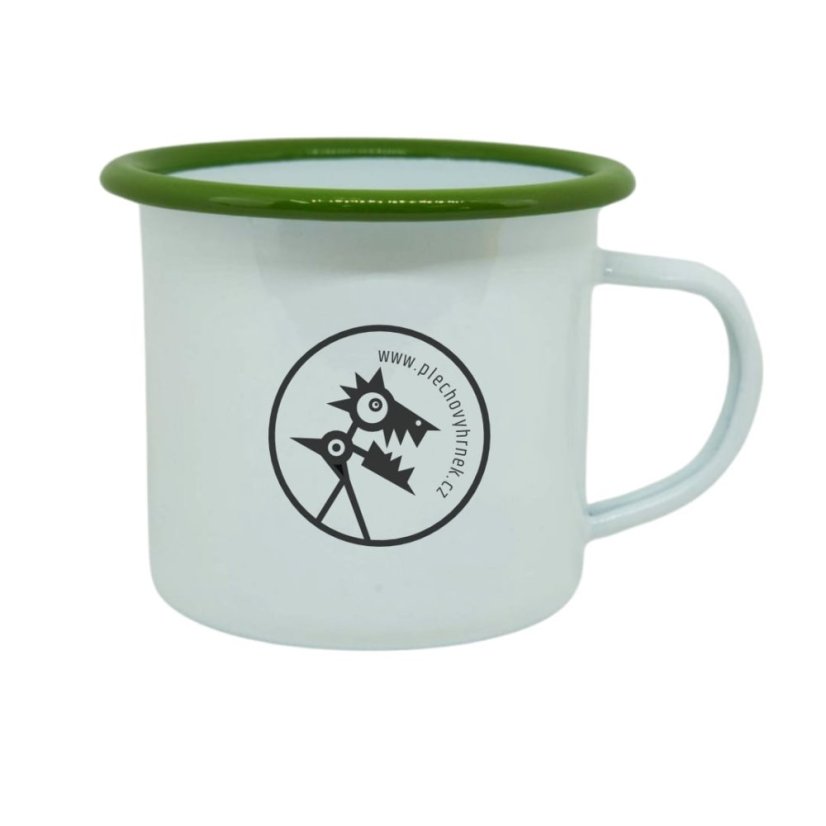 Plechový hrnek, zelený lem, vlastní grafika