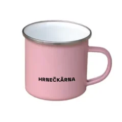 Plechový hrnek růžový, stříbrný lem, vlastní grafika