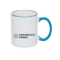 Keramický bílý hrnek 330ml, světlé modré ouško, vlastní grafika
