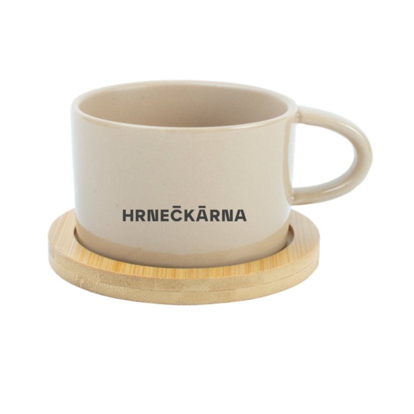 Makronka, hnědá, keramický designový hrnek s bambusovým podtáckem