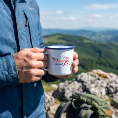 Plechový hrnek s grafikou, modrý lem – Slovácky hrnek